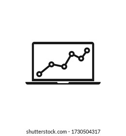 Laptop icon with stock analysis, statistics flat marketing vector illustration sign on white background.