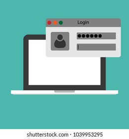 A laptop icon in the style of a flat design message about logging on. User login, password