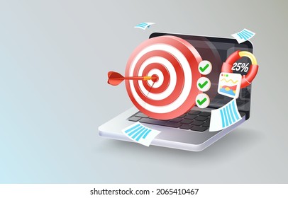 Laptop icon target, business analysis, computer search information. Vector illustration