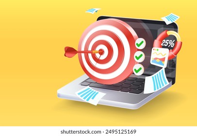 Laptop icon target, business analysis, computer search information. Vector illustration