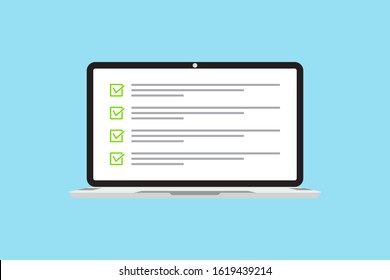 Laptop icon in a trendy flat style with a data checklist. Questions concept for the test check box. Notebook screen. Vector illustration element.