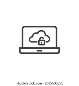 Laptop icon with unsecured cloud icon on white background