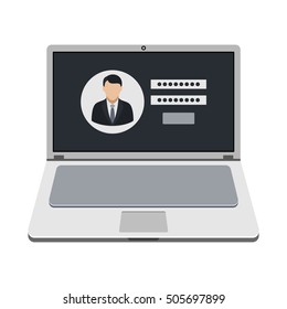 Laptop icon with user login form on the screen - concept of user authentication or identification. Opened notebook in flat style isolated on white background