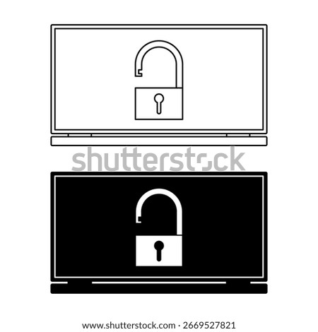 Laptop icon vector with unlock in line art style and bold style for technology theme design element