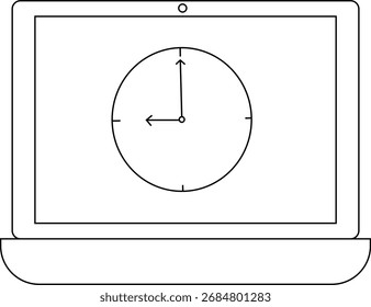 Icono del ordenador portátil y icono del reloj de pared con el fondo blanco. Con líneas negras