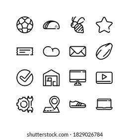 Laptop icon with warehouse, taco and cloud symbols. Set of computer, wrench, location icons and tortilla concept. Editable vector elements for logo app UI design.