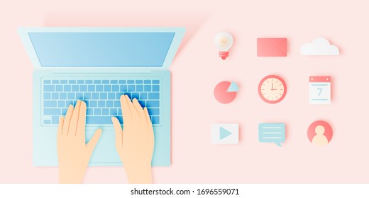 Laptop And Icon For Work From Home  In Paper Art Style With Pastel Color Scheme Background Vector Illustration