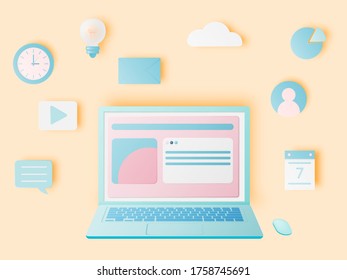 Laptop and icon for work from home  in paper art style with pastel color scheme background vector illustration