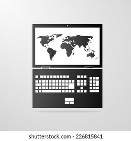 laptop icon with world map screen gray vector illustration