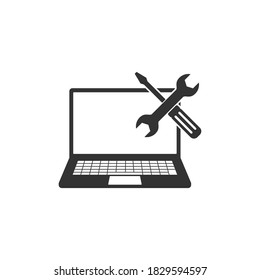 Laptop icon with Wrench and screwdriver. Notebook with Wrench and screwdriver, laptop repair symbol, electronic business concept, vector illustration