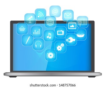 laptop with icons of appendices of multimedia