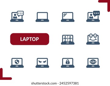 Laptop-Symbole. Computer, Streamer, Streaming, Social Media, Virus, Antivirus-Symbol. Professioneller Symbolsatz für perfekte Vektorgrafik.