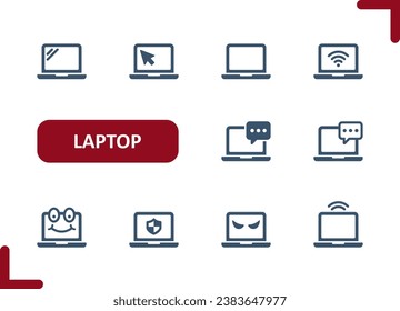 Laptop Icons. Computer, WiFi, Chat, Smiling, Virus, Antivirus Icon. Professional, pixel perfect vector icon set.