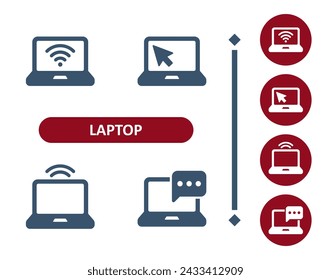 Iconos de portátiles. Ordenador, inalámbrico, Internet, WiFi, Wi-Fi, flecha del cursor, mensaje, icono de burbuja de chat. Profesional, icono de vector perfecto de 32x32 píxeles.
