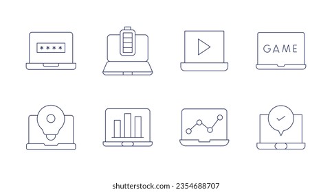 Laptop icons. editable stroke. Containing laptop, check, password, full battery, lightbulb, analysis, video.