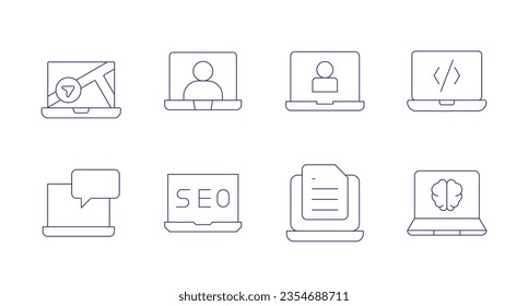 Laptop icons. editable stroke. Containing laptop, message, seo and web, video conference, spreadsheet, web coding.