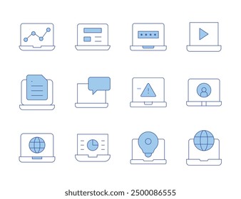 Laptop icons. Line Duotone style, editable stroke. pie chart, internet, laptop, message, spreadsheet, coding, password, lightbulb, analysis, video.