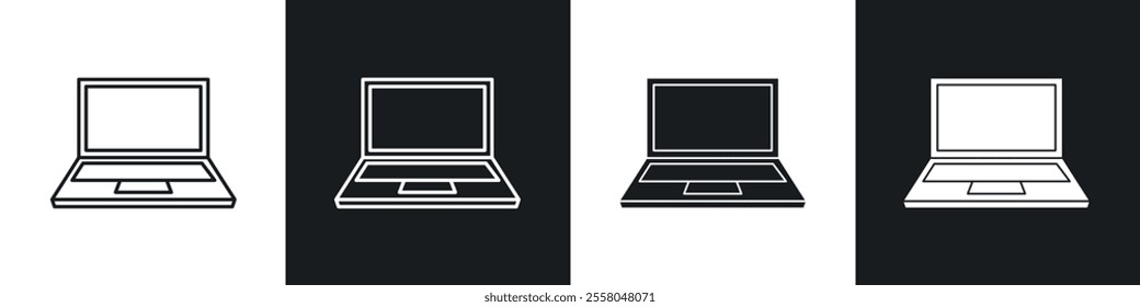 Laptop icons pack in black and white filled and outlined versions.