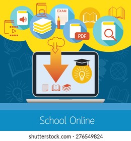 Laptop with Icons, School Online E-Learning Concept, Education, E-Book, Study