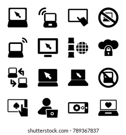 Laptop icons. set of 16 editable filled laptop icons such as finger on tablet, display, cloud protection, internet