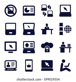 laptop icons set. Set of 16 laptop filled icons such as man working at the table, chart on display, display, online shopping, cloud protection