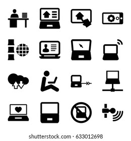 Laptop icons set. set of 16 laptop filled icons such as man working at the table, gear on display, home on tablet, cloud download upload, internet