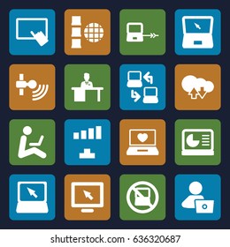 Laptop icons set. set of 16 laptop filled icons such as finger on tablet, signal, man working at the table, chart on display, cloud download upload, display