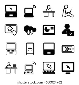 Laptop icons set. set of 16 laptop filled and outline icons such as chart on display, cloud download upload, man working at the table, gear on display, home on tablet, display