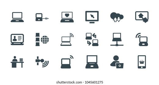 Laptop icons. set of 18 editable filled laptop icons: display, cloud download upload, internet, signal, man working at the table, home on tablet