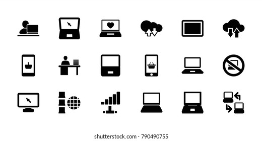 Laptop icons. set of 18 editable filled laptop icons: online shopping, cloud download upload, tablet, internet, man working at the table, signal