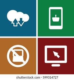 laptop icons set. Set of 4 laptop filled icons such as no laptop, cloud download upload, display