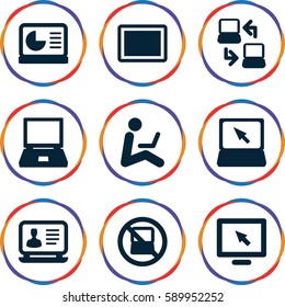 laptop icons set. Set of 9 laptop filled icons such as tablet, chart on display