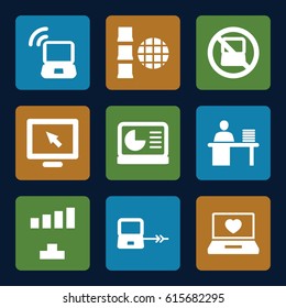 Laptop icons set. set of 9 laptop filled icons such as signal, man working at the table, chart on display, display
