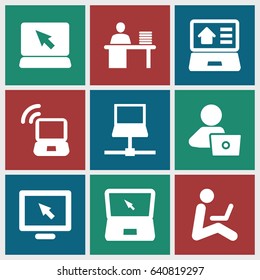 Laptop icons set. set of 9 laptop filled icons such as man working at the table