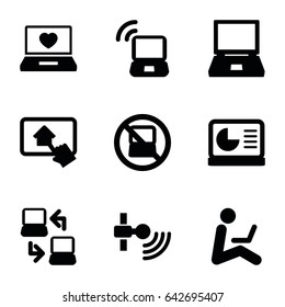 Laptop icons set. set of 9 laptop filled icons such as home on tablet, chart on display