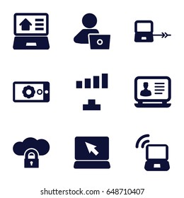 Laptop icons set. set of 9 laptop filled icons such as signal, gear on display