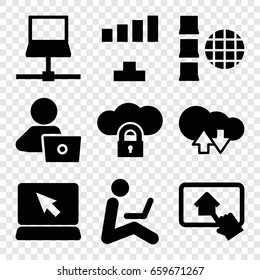 Laptop icons set. set of 9 laptop filled icons such as signal, home on tablet, cloud download upload, cloud protection