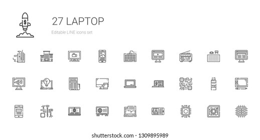 laptop icons set. Collection of laptop with cpu, news, components, computer, keyboard, graphic tablet, pendrive, monitoring, office, motherboard. Editable and scalable laptop icons.