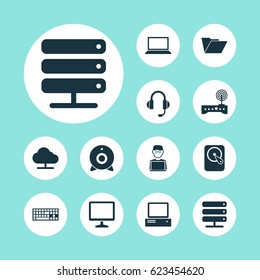 Laptop Icons Set. Collection Of Database, Dossier, Router And Other Elements. Also Includes Symbols Such As Hdd, Folder, Laptop.