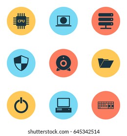 Laptop Icons Set. Collection Of Database, Monitor, Defense And Other Elements. Also Includes Symbols Such As Web, Button, Motherboard.