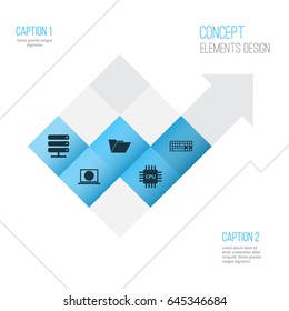 Laptop Icons Set. Collection Of Database, Motherboard, Keypad And Other Elements. Also Includes Symbols Such As Dossier, File, Server.
