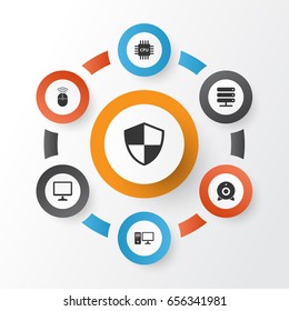 Laptop Icons Set. Collection Of Database, Motherboard, Defense And Other Elements. Also Includes Symbols Such As Broadcast, Cpu, Server.