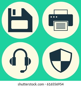 Laptop Icons Set. Collection Of Defense, Printing Machine, Diskette And Other Elements. Also Includes Symbols Such As Floppy, Printing, Disk.