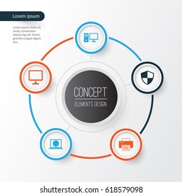 Laptop Icons Set. Collection Of Defense, Personal Computer, Web And Other Elements. Also Includes Symbols Such As Machine, Web, Defense.