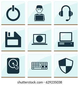 Laptop Icons Set. Collection Of Defense, Hdd, Monitor And Other Elements. Also Includes Symbols Such As Power, Web, Monitor.