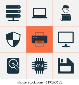 Laptop Icons Set. Collection Of Desktop, Printing Machine, Diskette And Other Elements. Also Includes Symbols Such As Machine, Screen, Motherboard.
