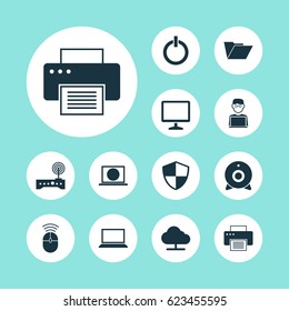Laptop Icons Set. Collection Of Desktop, Dossier, Printing Machine And Other Elements. 