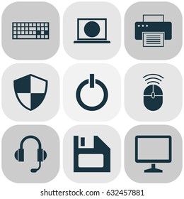 Laptop Icons Set. Collection Of Desktop, Computer Mouse, Keypad And Other Elements. Also Includes Symbols Such As Web, Diskette, Defense.