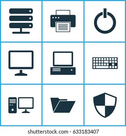 Laptop Icons Set. Collection Of Desktop, Defense, Dossier And Other Elements. Also Includes Symbols Such As Folder, Protection, Defense.