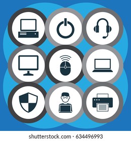 Laptop Icons Set. Collection Of Desktop, Defense, Monitor And Other Elements. Also Includes Symbols Such As Power, Notebook, Microphone.